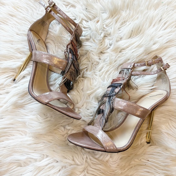 Brian Atwood Pewter & Rose Gold Lenoir Metallic Fringe Stiletto Heels Size 7.5 - Picture 1 of 6